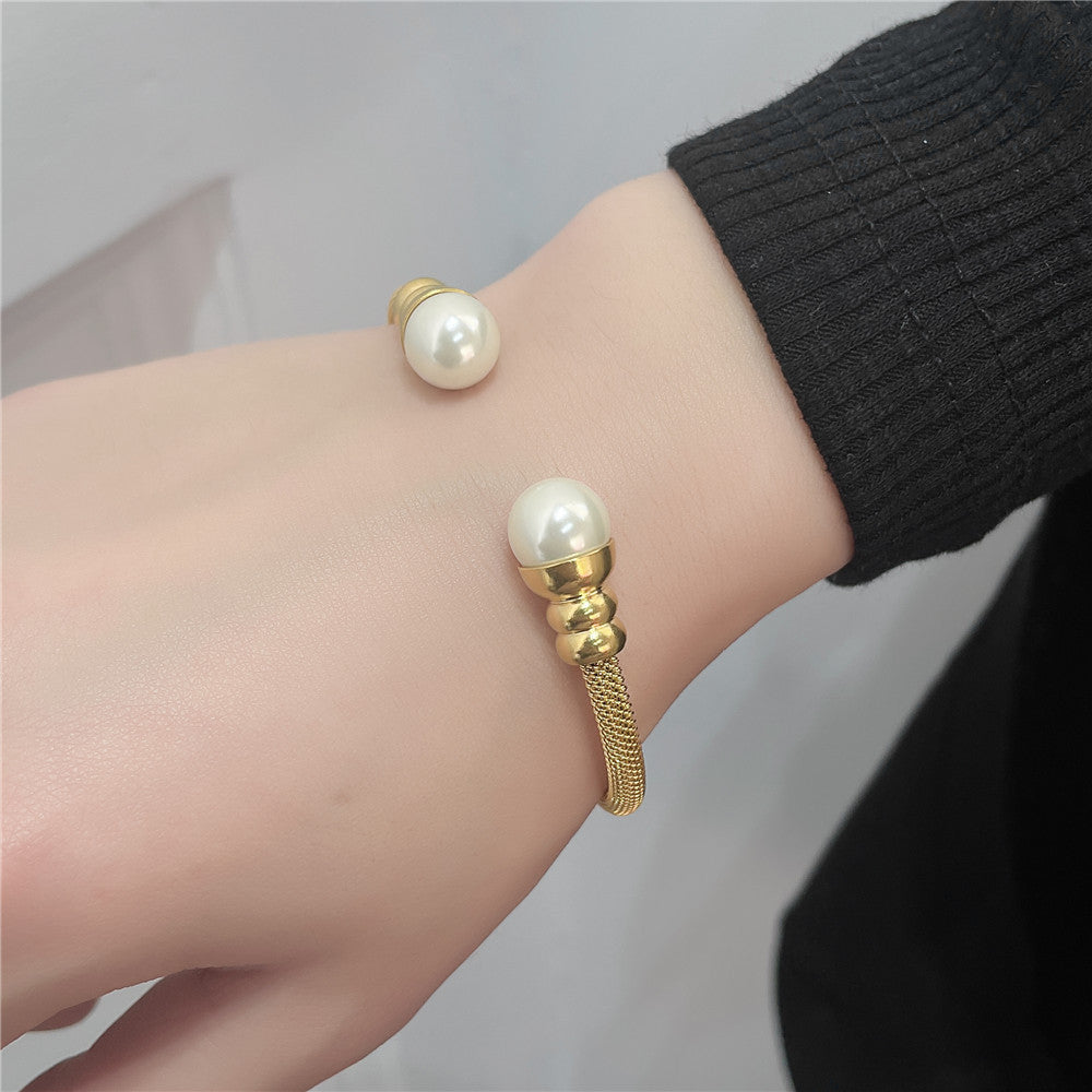 5pcs/lot Stainless Steel Pearl Open Bangle for Women Women Bracelets Charms Beads Beyond