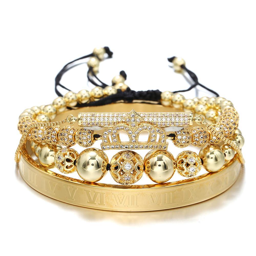 4pcs/set CZ Paved Crown Bracelet & Bangle Set Gold Men Bracelets Charms Beads Beyond