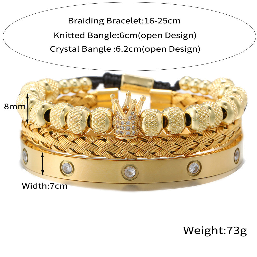 3pcs/Set CZ Paved Crown Bracelet & Crystal Stainless Steel Bangle Set Men Bracelets Charms Beads Beyond