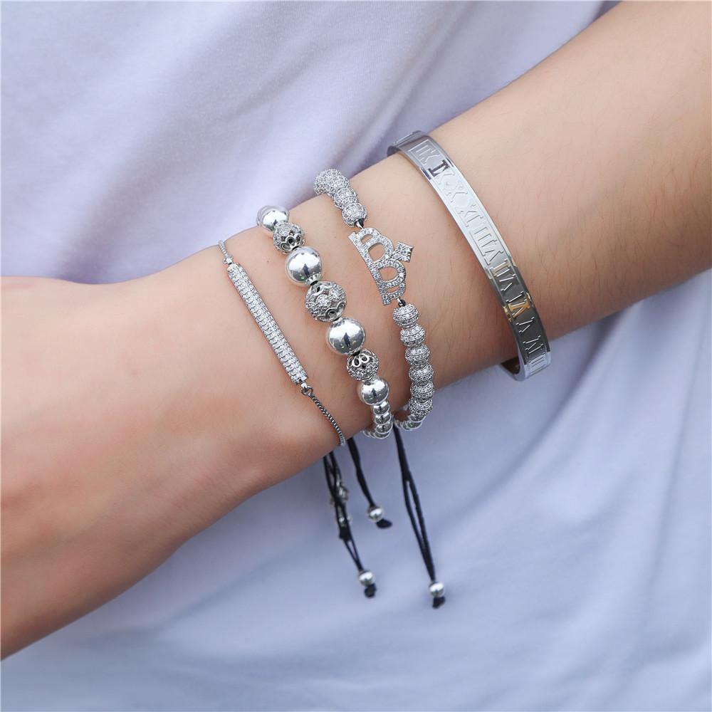 4pcs/set CZ Paved Crown Bracelet & Bangle Set Silver Men Bracelets Charms Beads Beyond
