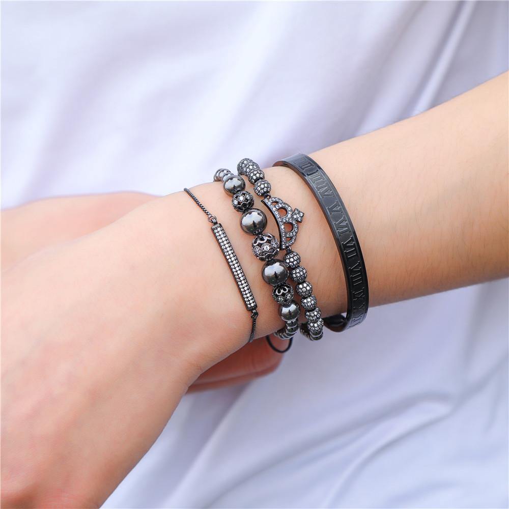 4pcs/set CZ Paved Crown Bracelet & Bangle Set Black Men Bracelets Charms Beads Beyond