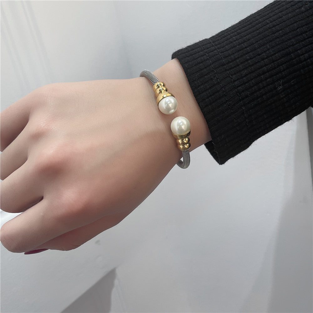 5pcs/lot Stainless Steel Pearl Open Bangle for Women Women Bracelets Charms Beads Beyond