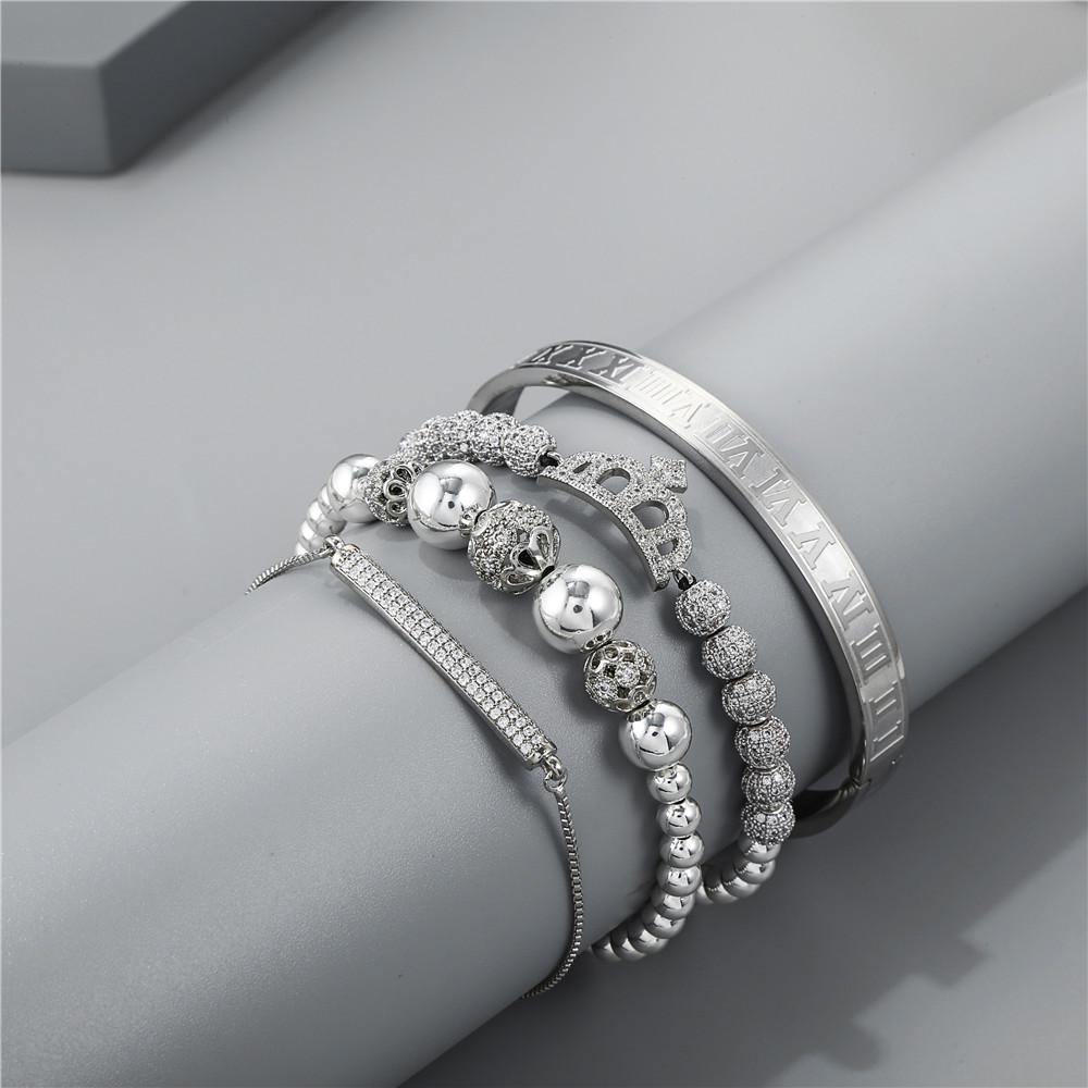 4pcs/set CZ Paved Crown Bracelet & Bangle Set Men Bracelets Charms Beads Beyond