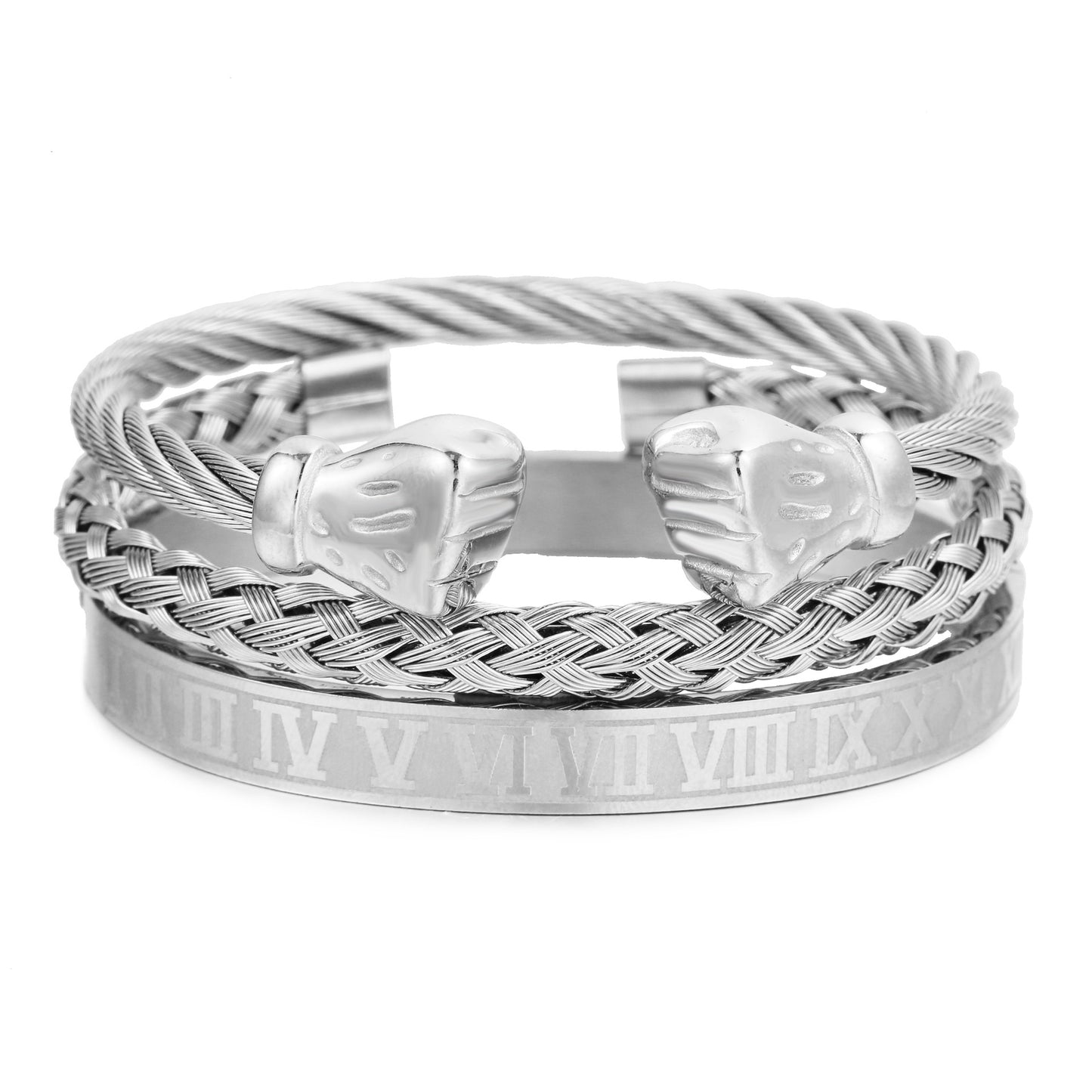 3pcs/set Roman Numeral Stainless Steel Fist Bangle Set for Men Silver Set Men Bracelets Charms Beads Beyond