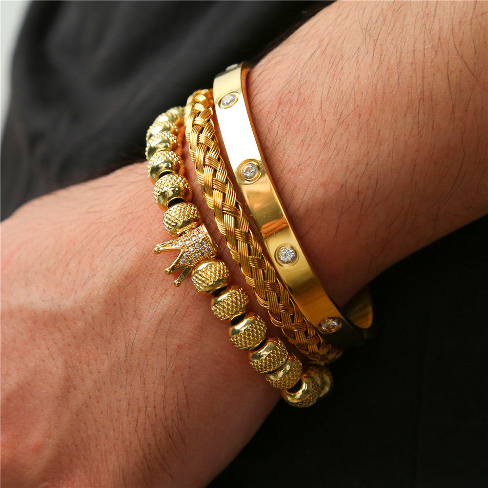 3pcs/Set CZ Paved Crown Bracelet & Crystal Stainless Steel Bangle Set Men Bracelets Charms Beads Beyond