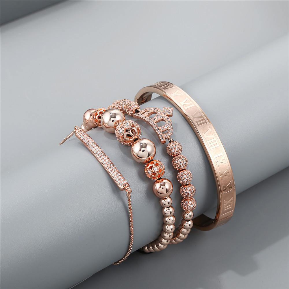 4pcs/set CZ Paved Crown Bracelet & Bangle Set Men Bracelets Charms Beads Beyond