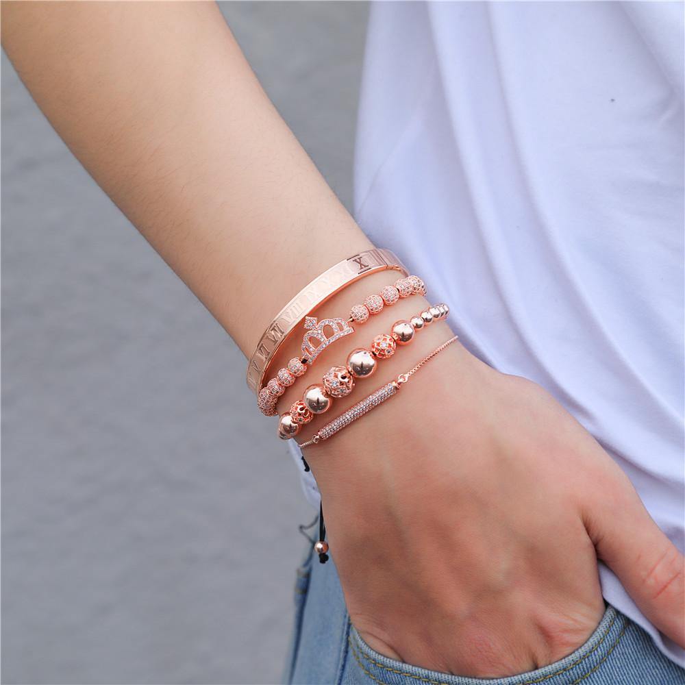 4pcs/set CZ Paved Crown Bracelet & Bangle Set Rose Gold Men Bracelets Charms Beads Beyond