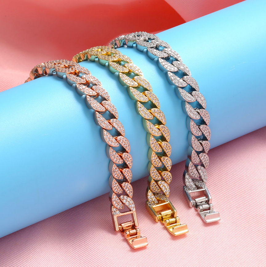 2pcs/lot 7inch Gold Silver Rose Gold CZ Pave Cuban Chain Bracelet Cuban Chains Charms Beads Beyond