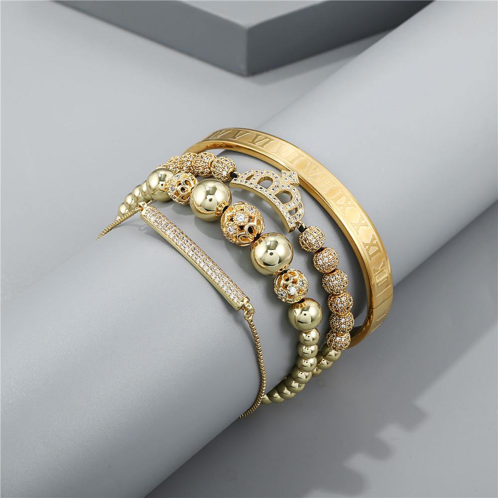 4pcs/set CZ Paved Crown Bracelet & Bangle Set Men Bracelets Charms Beads Beyond