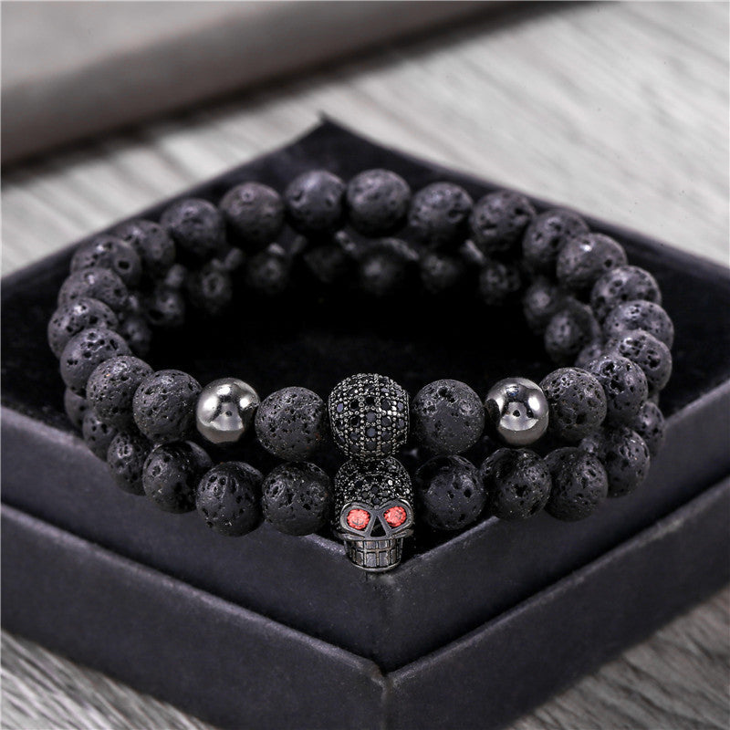 5 sets/lot CZ Paved Skull 8mm Lava Stone Beads Bracelets Men Bracelets Charms Beads Beyond