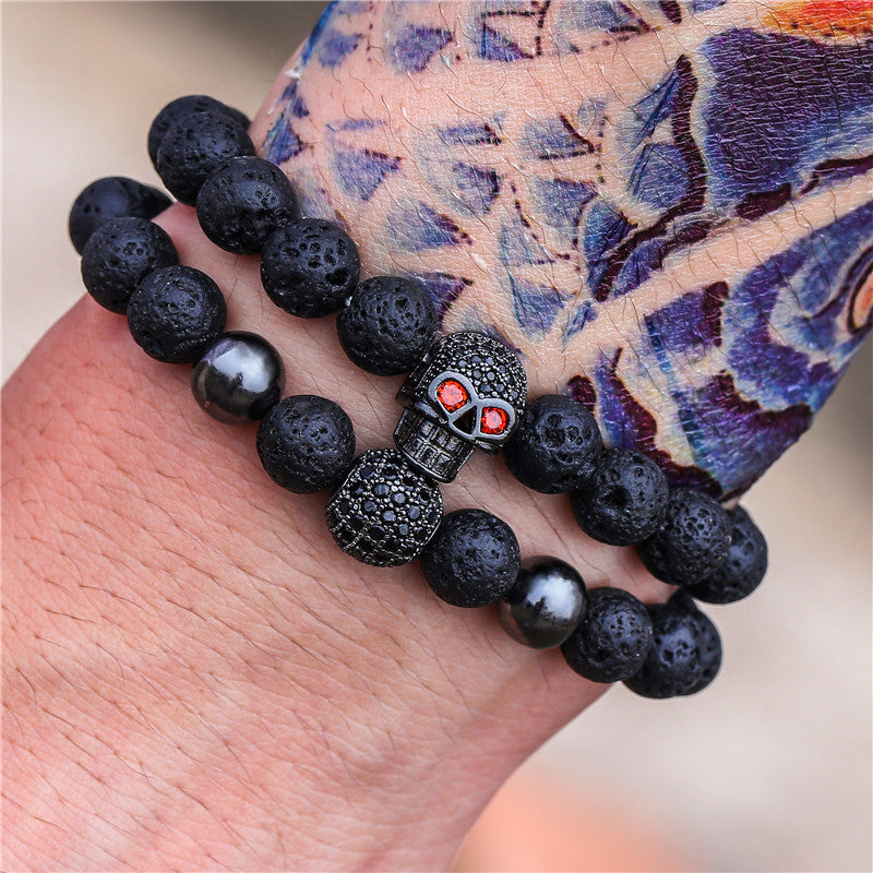 5 sets/lot CZ Paved Skull 8mm Lava Stone Beads Bracelets Men Bracelets Charms Beads Beyond