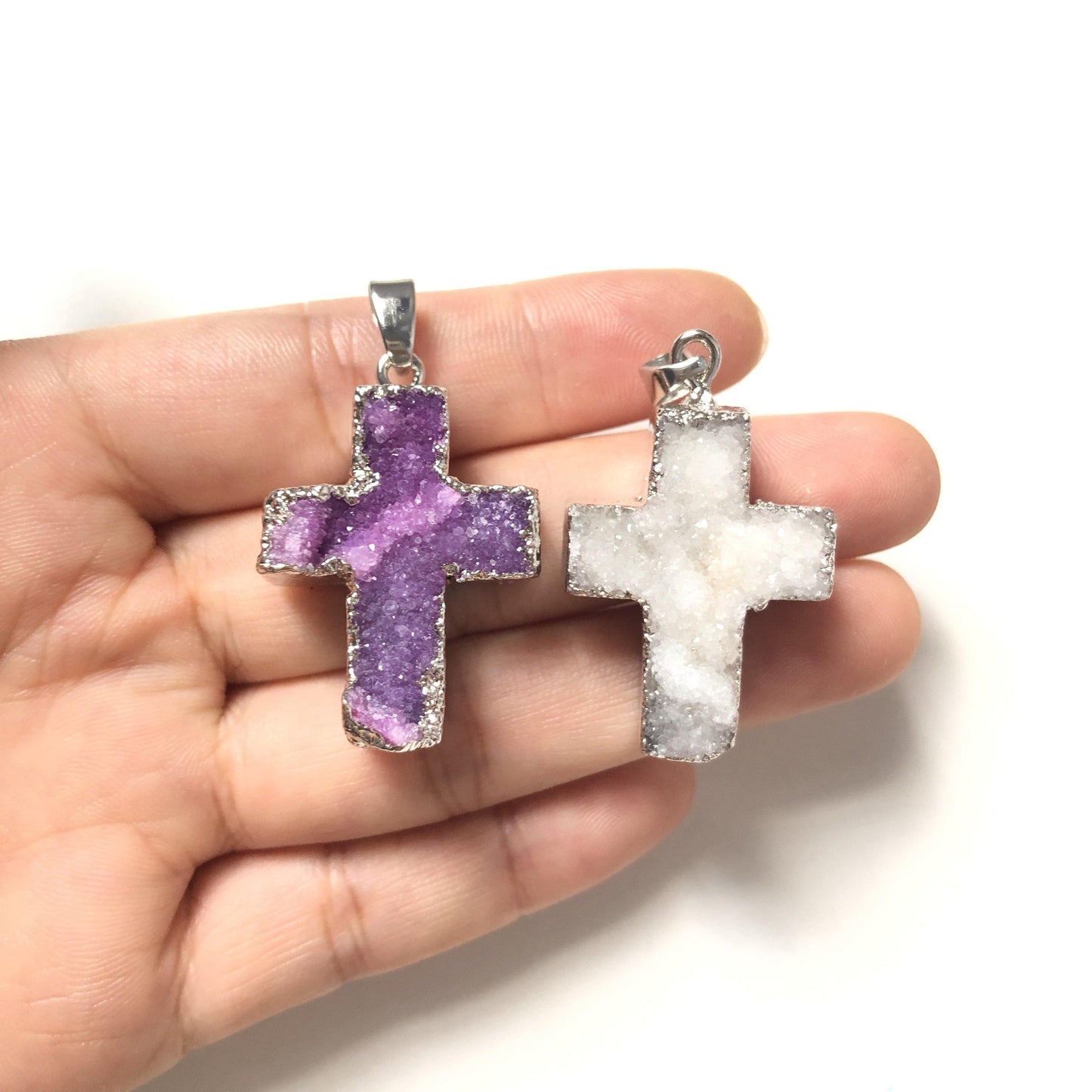 5pcs/lot 30x22mm Cross Natural Agate Druzy Charm-Silver Stone Charms Charms Beads Beyond