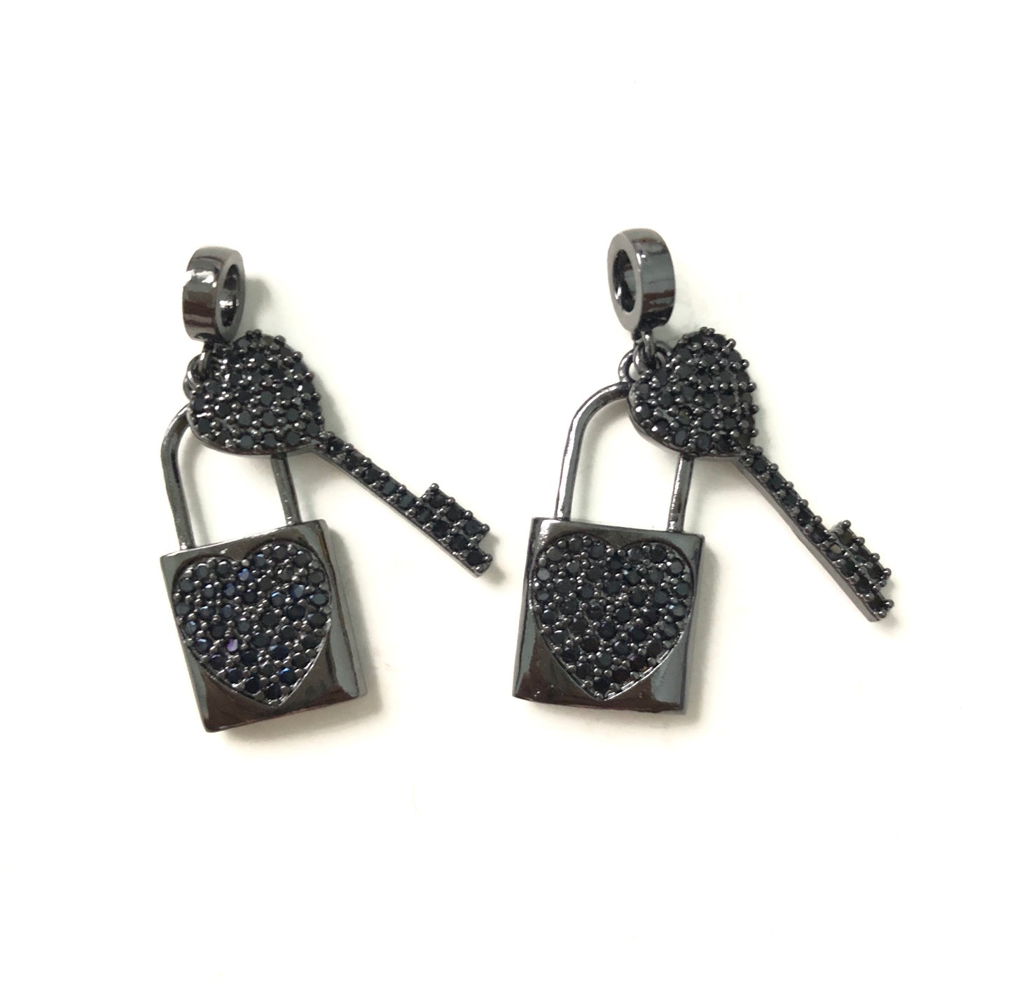 10pcs/lot 24*13mm CZ Paved Heart Lock & Key Charms Black on Black CZ Paved Charms Keys & Locks Charms Beads Beyond