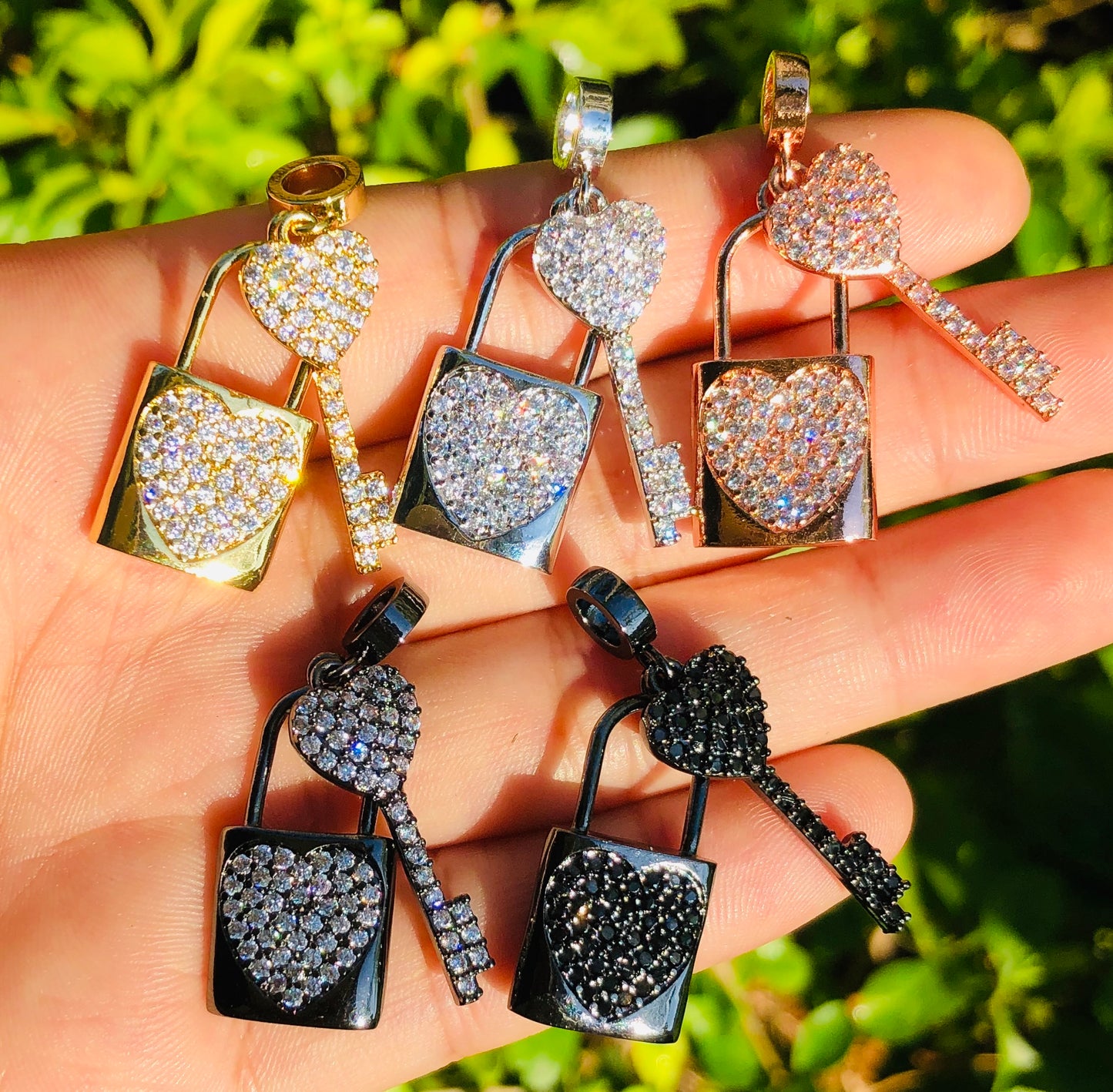10pcs/lot 24*13mm CZ Paved Heart Lock & Key Charms Mix Color CZ Paved Charms Keys & Locks Charms Beads Beyond