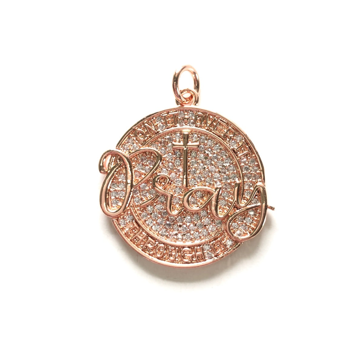 10pcs/lot 28mm CZ Pave Round Plate PRAY ON IT OVER IT THROUGH IT Quote Charms CZ Paved Charms Christian Quotes Discs On Sale Charms Beads Beyond