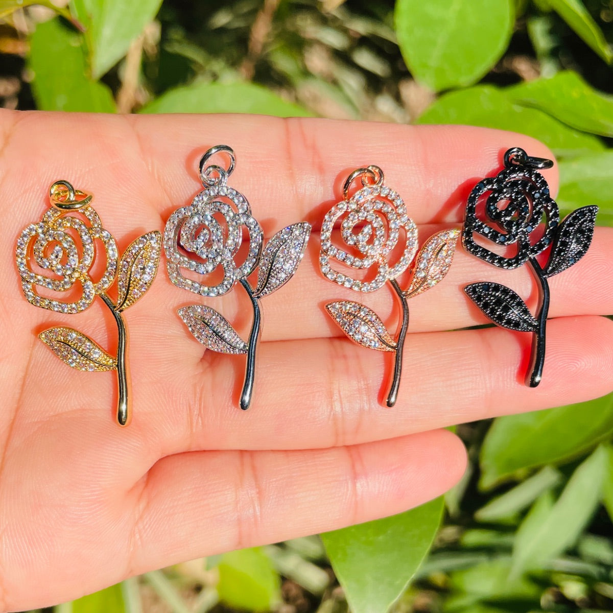10pcs/lot 34*22mm CZ Paved Rose Flower Charms Mix Colors CZ Paved Charms Flowers Charms Beads Beyond