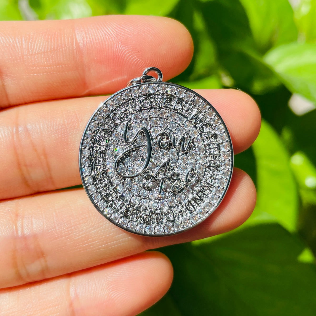 10pcs/lot 28mm CZ Pave Round Plate YOU ARE LOVED WORTHY KIND CAPABLE STRONG Quote Charms Silver CZ Paved Charms Discs On Sale Charms Beads Beyond