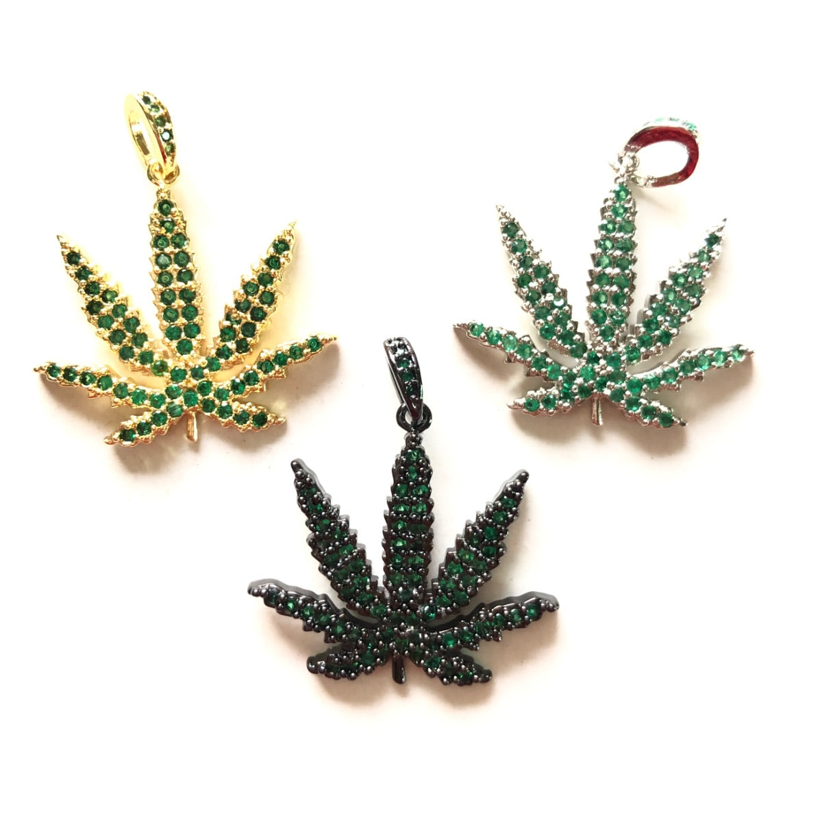 5pcs/lot 25*21.5mm Green CZ Paved Cannabis Leaf Plant Charms Mix Gold, Silver, Black CZ Paved Charms Colorful Zirconia Flowers Charms Beads Beyond