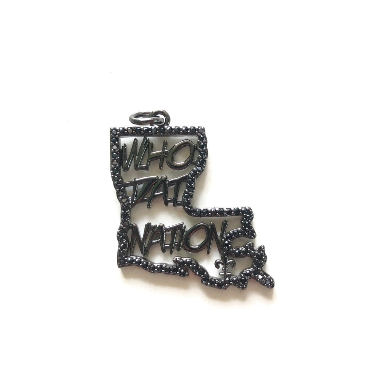 10pcs/lot 30*27mm CZ Who Dat Nation Fleur De Lis Louisiana Map Saints Charms Black on Black CZ Paved Charms American Football Sports Louisiana Inspired Maps Charms Beads Beyond