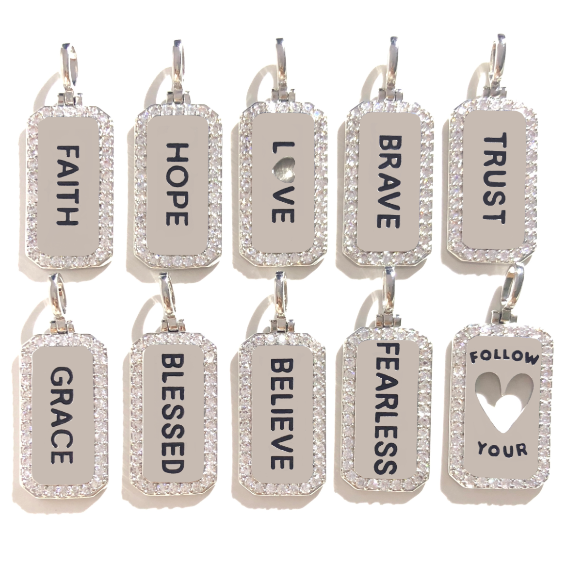 10pcs/lot CZ Paved Faith Hope Love Brave Trust Grace Blessed Believe Fearless Follow Your Heart Word Tags Charms Bundles Silver CZ Paved Charms Christian Quotes Mix Charms New Charms Arrivals Word Tags Charms Beads Beyond