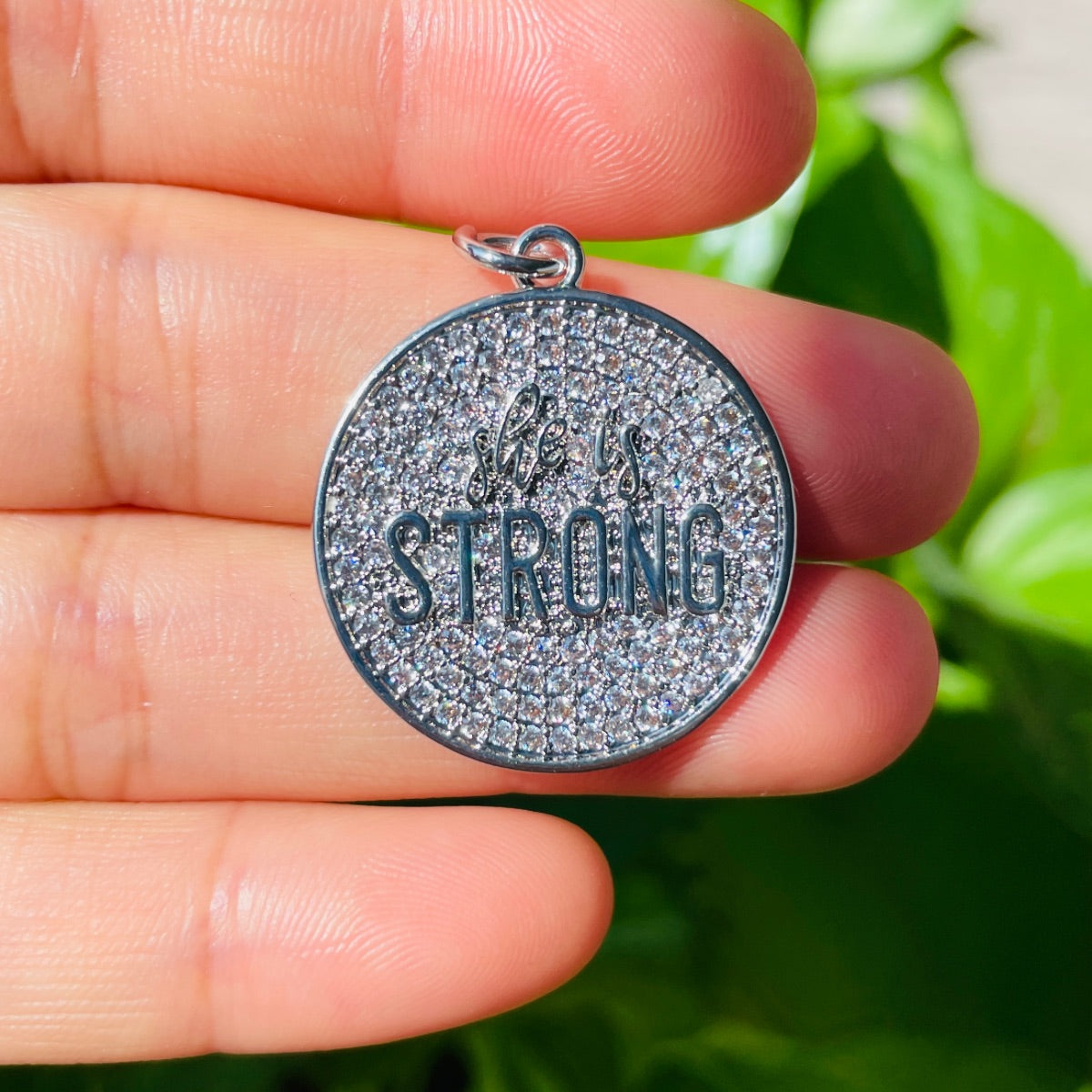 10pcs/lot 25mm CZ Pave Round Plate SHE IS STRONG Quote Charms Silver CZ Paved Charms Christian Quotes Discs On Sale Charms Beads Beyond