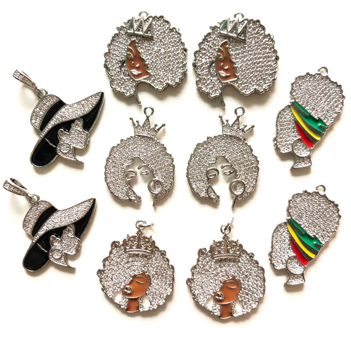 10pcs/lot Mix CZ Pave Afro Black Girl Charms Bundle 1-Silver CZ Paved Charms Afro Girl/Queen Charms Mix Charms Charms Beads Beyond