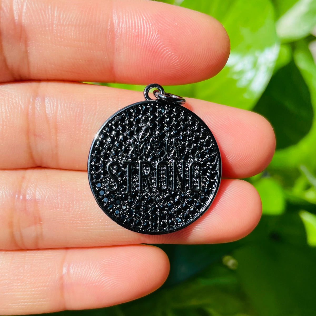 10pcs/lot 25mm CZ Pave Round Plate SHE IS STRONG Quote Charms CZ Paved Charms Christian Quotes Discs On Sale Charms Beads Beyond
