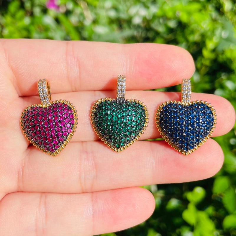 5pcs/lot 25*19mm Fuchsia Blue Green CZ Paved Heart Charm Pendants Mix Colors CZ Paved Charms Colorful Zirconia Hearts New Charms Arrivals Charms Beads Beyond