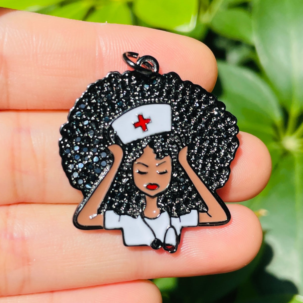 10pcs/lot 31*33mm CZ Paved Black Nurse Afro Girl Charms Black on Black CZ Paved Charms Afro Girl/Queen Charms New Charms Arrivals Nurse Inspired Charms Beads Beyond