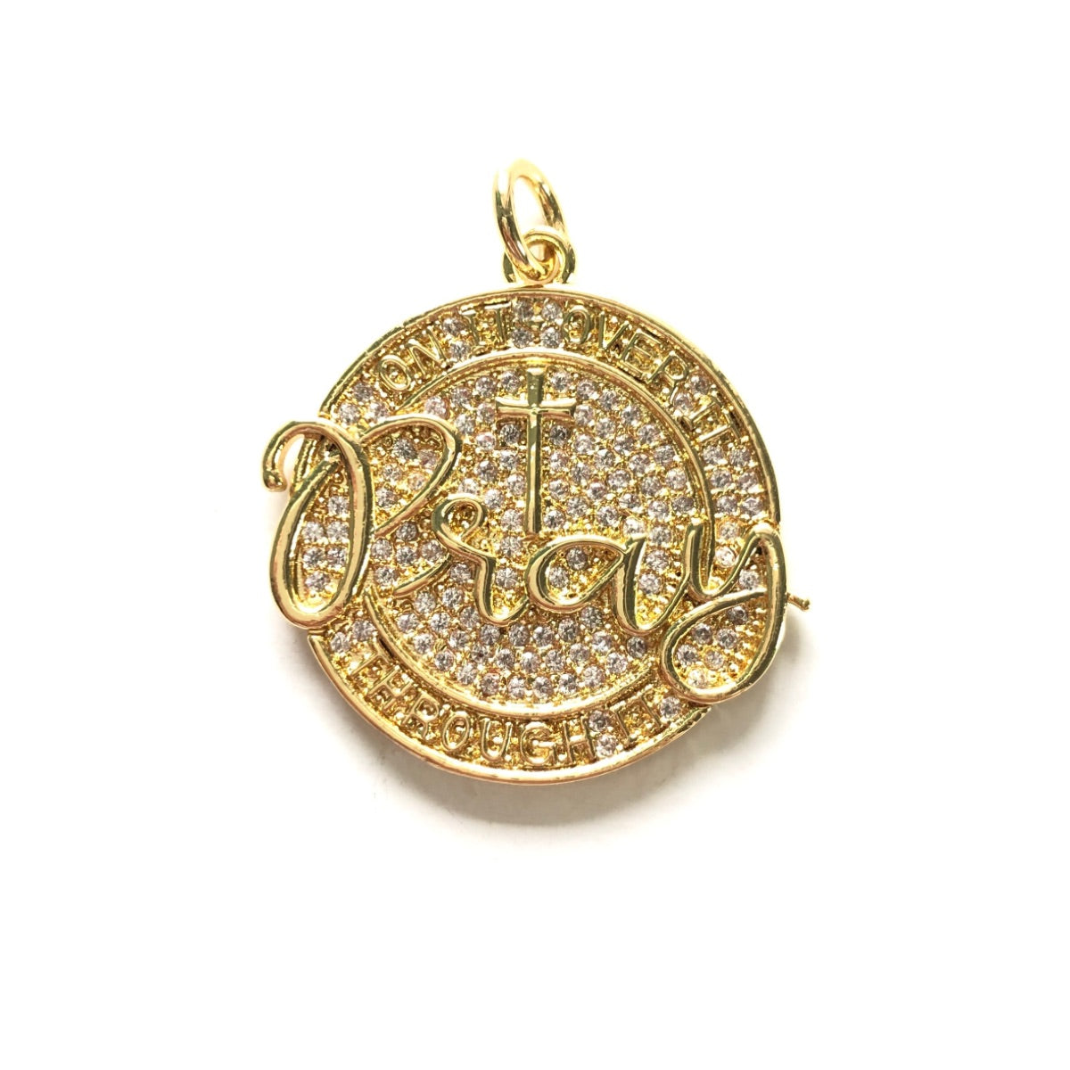 10pcs/lot 28mm CZ Pave Round Plate PRAY ON IT OVER IT THROUGH IT Quote Charms CZ Paved Charms Christian Quotes Discs On Sale Charms Beads Beyond