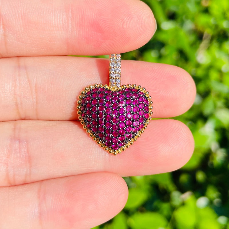 5pcs/lot 25*19mm Fuchsia Blue Green CZ Paved Heart Charm Pendants Fuchsia CZ Paved Charms Colorful Zirconia Hearts New Charms Arrivals Charms Beads Beyond