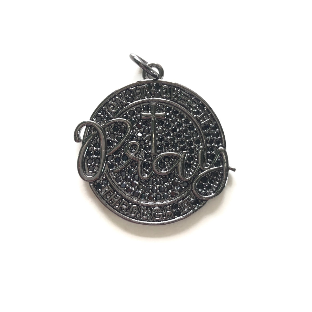 10pcs/lot 28mm CZ Pave Round Plate PRAY ON IT OVER IT THROUGH IT Quote Charms CZ Paved Charms Christian Quotes Discs On Sale Charms Beads Beyond