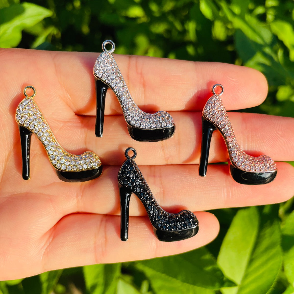 10pcs/lot 27*23mm CZ Paved Black Bottom High Heel Shoe Charms Mix Colors CZ Paved Charms High Heels On Sale Charms Beads Beyond