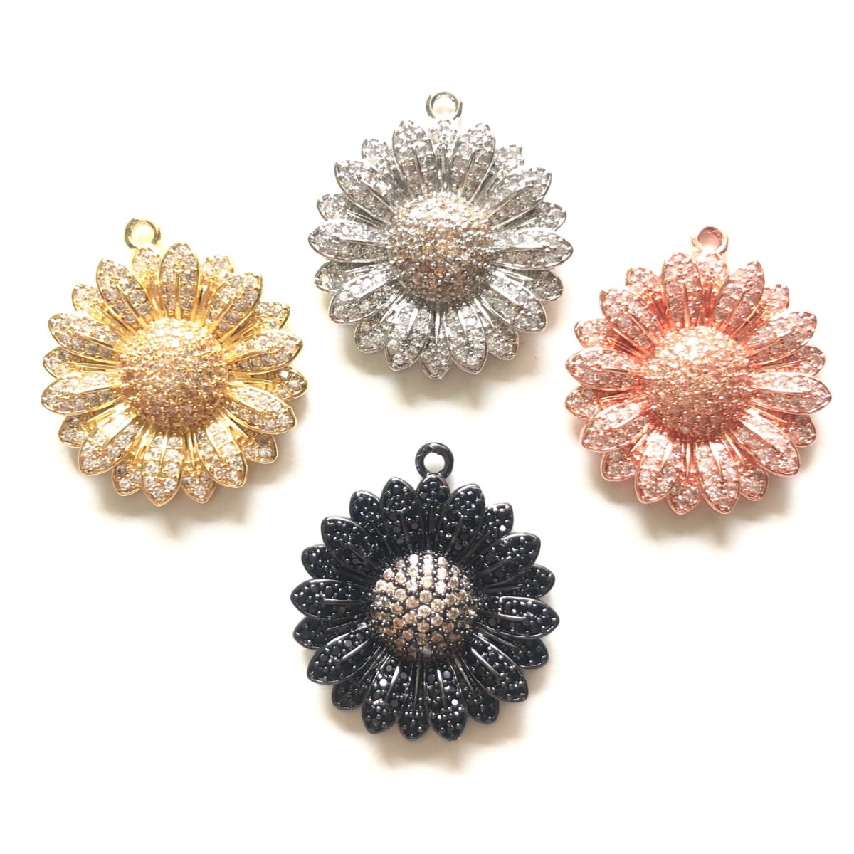 5-10pcs/lot 28.5*26mm Clear/Black + Champagne CZ Paved Sunflower Charms CZ Paved Charms Flowers Charms Beads Beyond