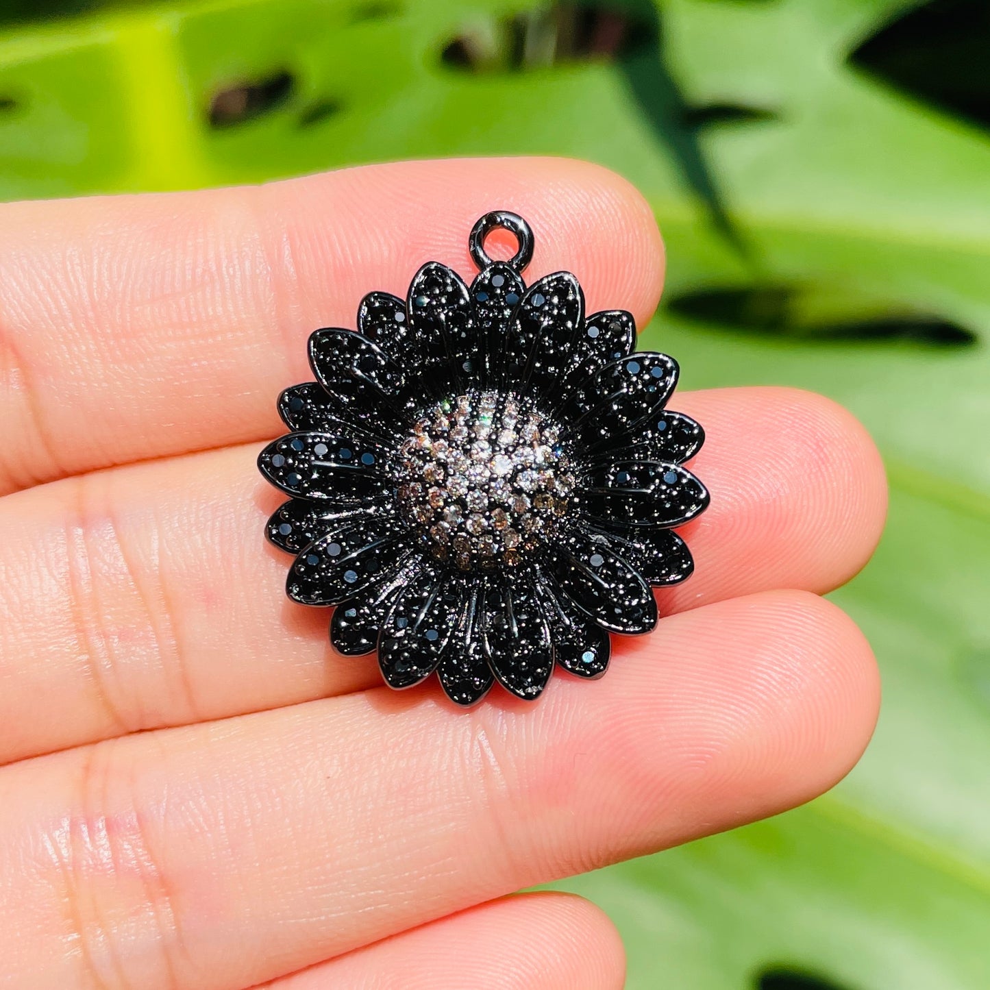 5-10pcs/lot 28.5*26mm Clear/Black + Champagne CZ Paved Sunflower Charms CZ Paved Charms Flowers Charms Beads Beyond