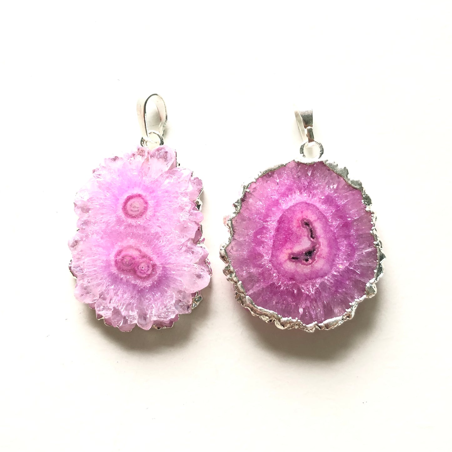 1PC 30-40mm Half Silver Plated Natural Sunflower Agate Charm-Premium Quality Pink on Silver Stone Charms Charms Beads Beyond