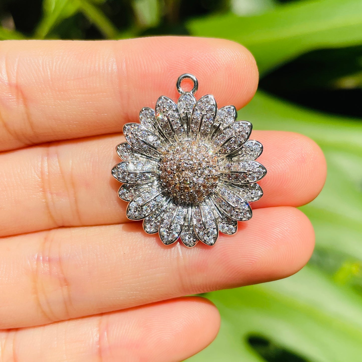 5-10pcs/lot 28.5*26mm Clear/Black + Champagne CZ Paved Sunflower Charms CZ Paved Charms Flowers Charms Beads Beyond