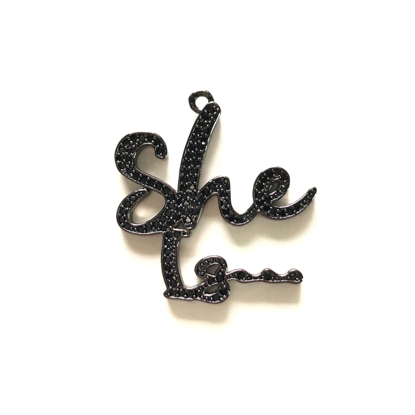 10pcs/lot 32*30mmCZ Paved She Is... Charms Black on Black CZ Paved Charms Words & Quotes Charms Beads Beyond