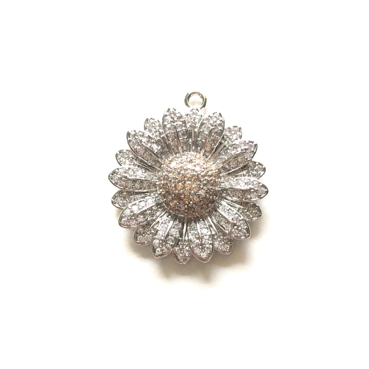 5-10pcs/lot 28.5*26mm Clear/Black + Champagne CZ Paved Sunflower Charms Clear+Champagne on Silver CZ Paved Charms Flowers Charms Beads Beyond