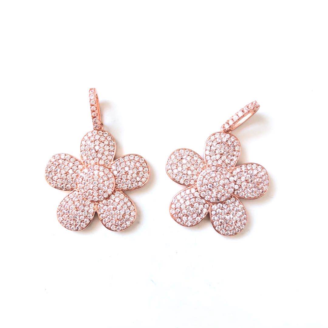 5pcs/lot 33*24mm CZ Paved Flower Charms Rose Gold CZ Paved Charms Flowers Large Sizes On Sale Charms Beads Beyond