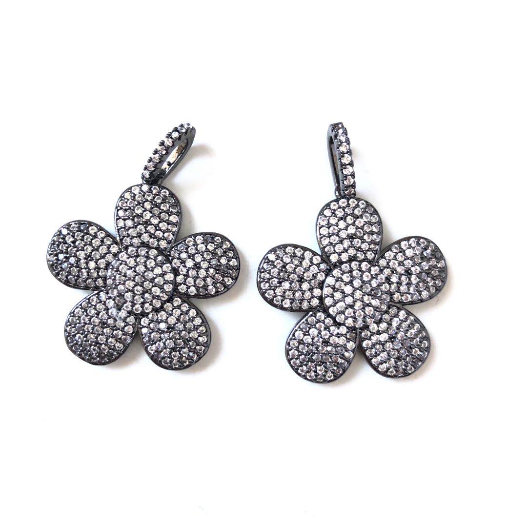 5pcs/lot 33*24mm CZ Paved Flower Charms Black CZ Paved Charms Flowers Large Sizes On Sale Charms Beads Beyond