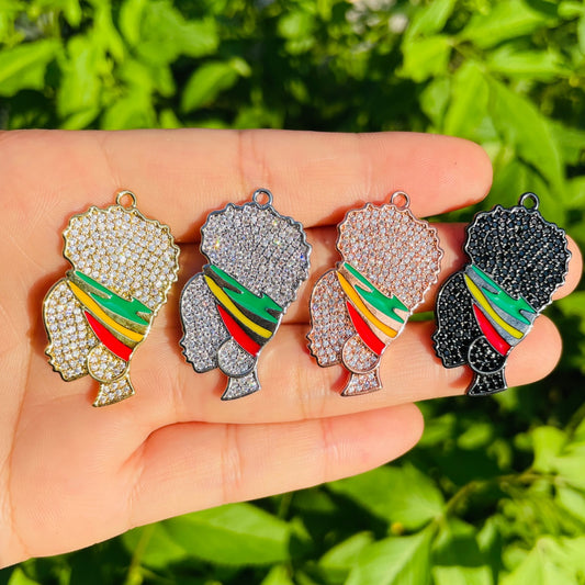 10pcs/lot 35*22mm CZ Paved Afro Girl Charms for Juneteenth Mix Colors CZ Paved Charms Afro Girl/Queen Charms Juneteenth & Black History Month Awareness Charms Beads Beyond