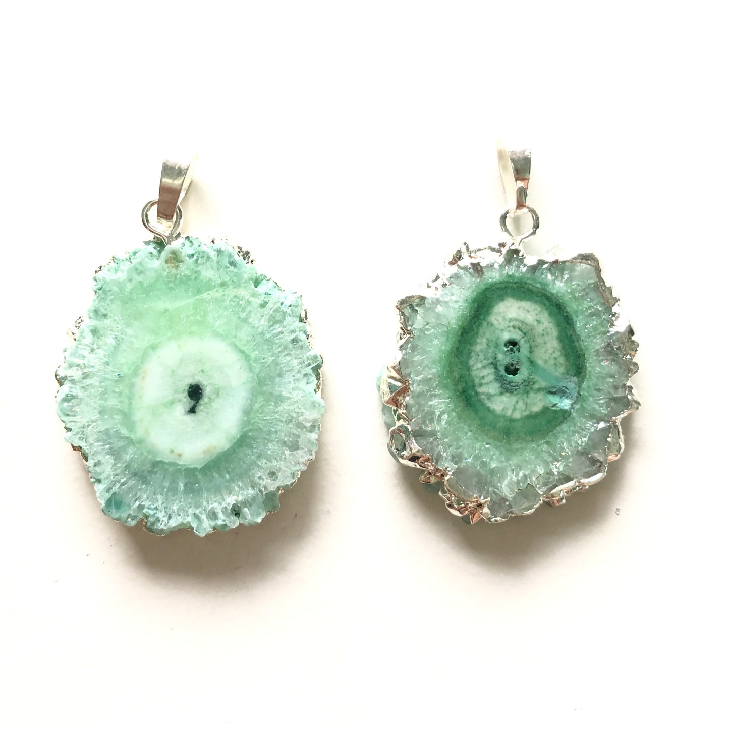 1PC 30-40mm Half Silver Plated Natural Sunflower Agate Charm-Premium Quality Green on Silver Stone Charms Charms Beads Beyond