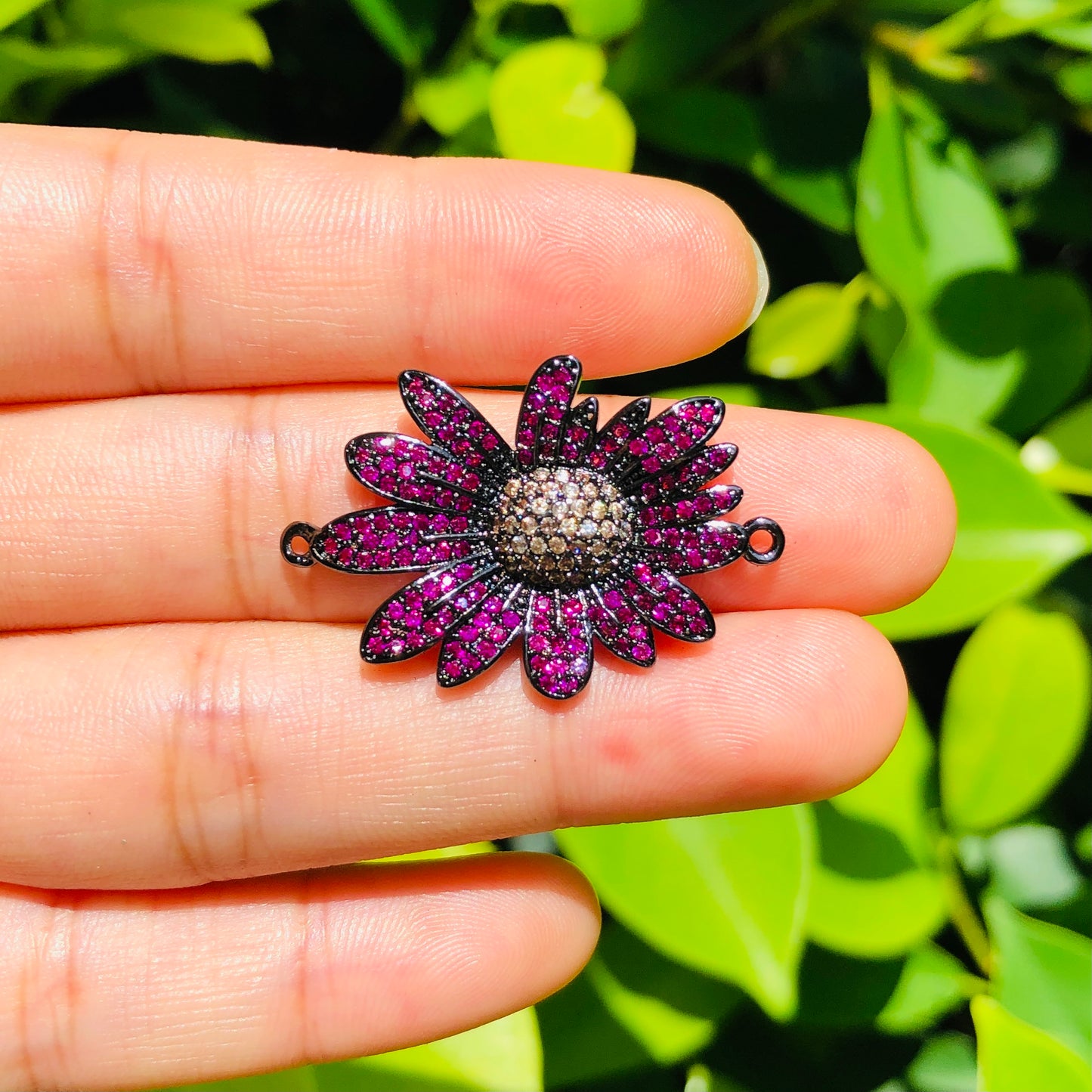 5/lot 27.5*21.5mm Fuchsia Blue Purple CZ Paved Flower Connectors Fuchsia +Champagne on Black CZ Paved Connectors Colorful Zirconia Flower Connectors Charms Beads Beyond