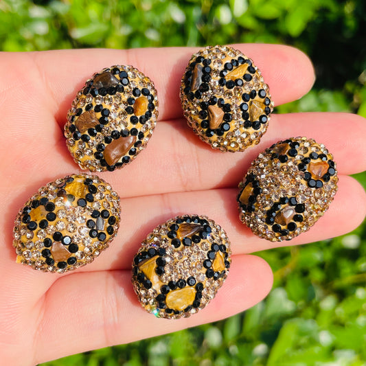 5pcs 24*19mm Leopard Print Rhinestone Pave Oval Clay Bead Spacers/ Focal Beads Clay Beads Focal Beads Leopard Printed Rhinestone Focal Beads Charms Beads Beyond
