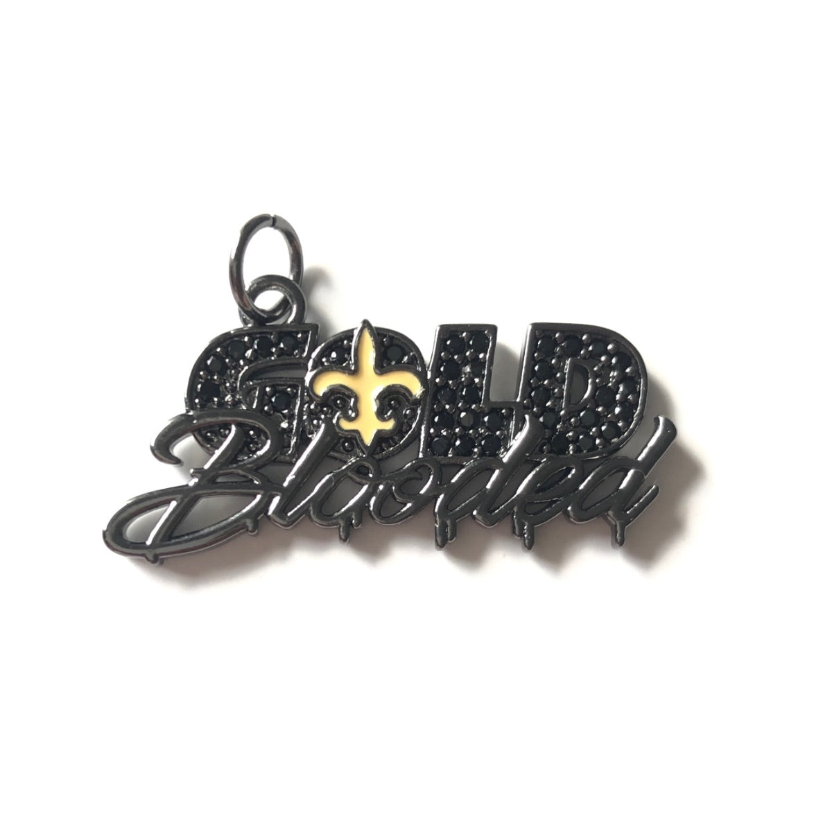 10pcs/lot 33*16.5mm Fleur De Lis CZ Saints Gold Blooded Word Charms CZ Paved Charms American Football Sports Louisiana Inspired New Charms Arrivals Charms Beads Beyond