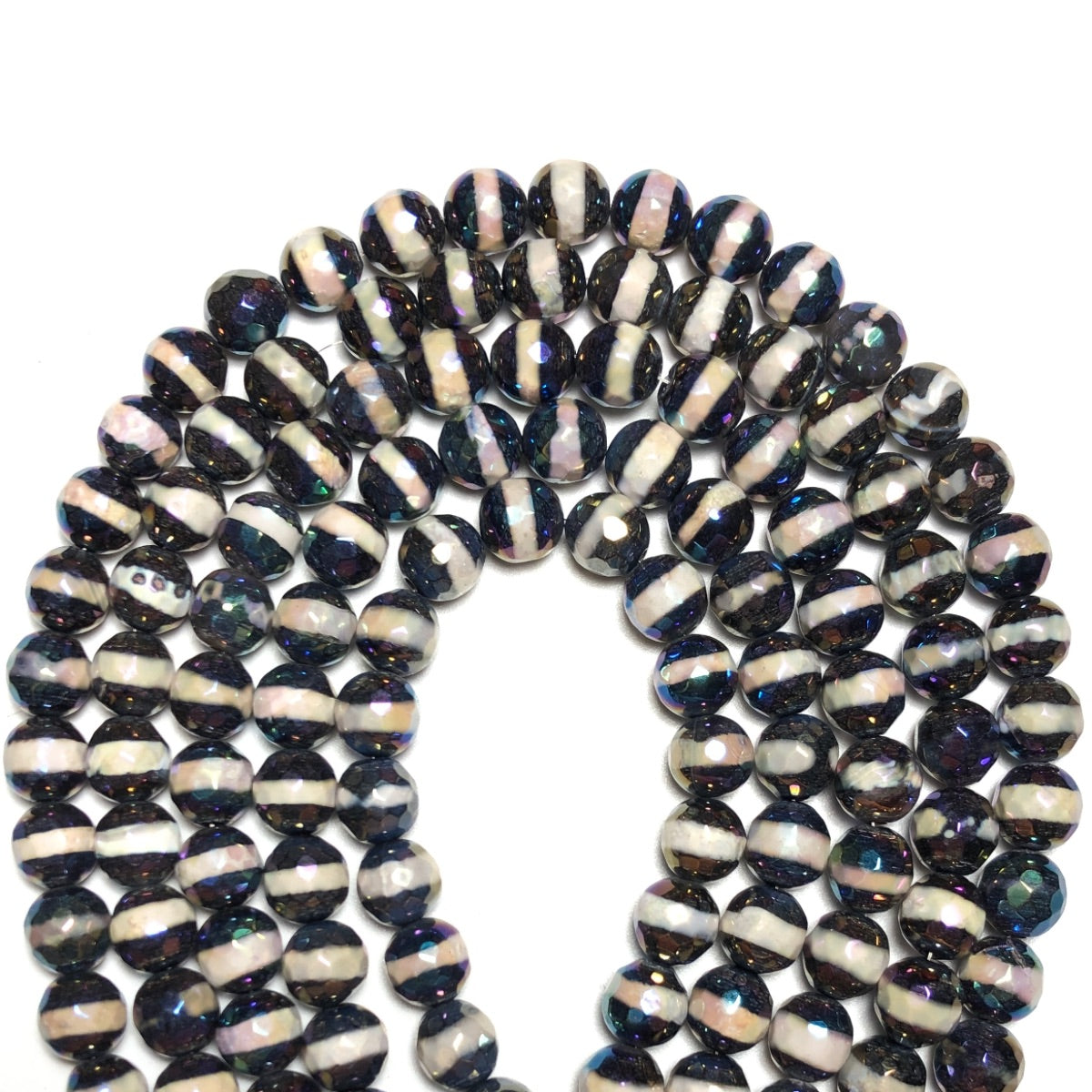 8mm Electroplated AB White Stripe Black Faceted Tibetan Agate Stone Beads Electroplated Beads Electroplated Tibetan Beads New Beads Arrivals Charms Beads Beyond
