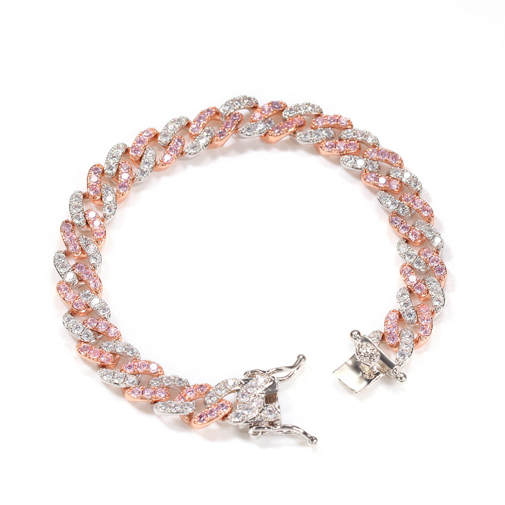 2pcs/lot 6-20 inch Clear & Pink CZ Paved Cuban Bracelets/Anklets/Necklaces Cuban Chains Charms Beads Beyond