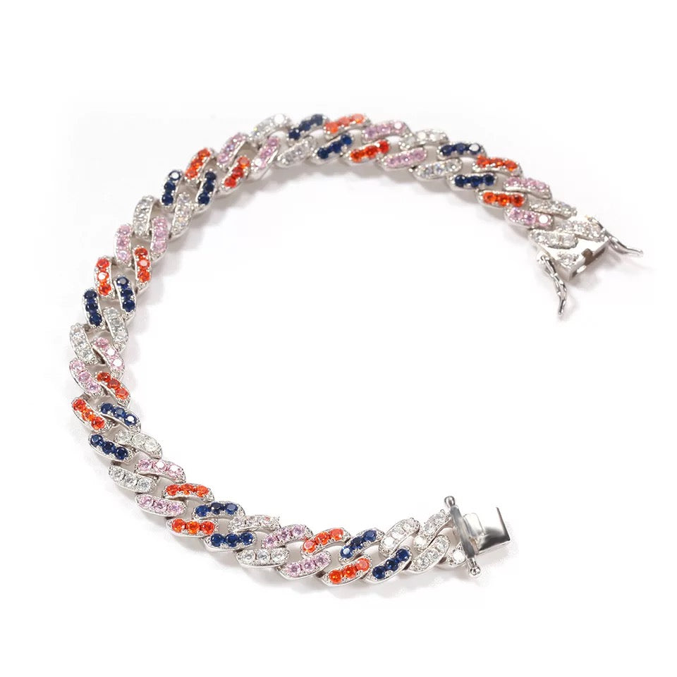 2pcs/lot 7-20inch Multicolor CZ Paved Silver Cuban Bracelet/Necklace Cuban Chains Charms Beads Beyond