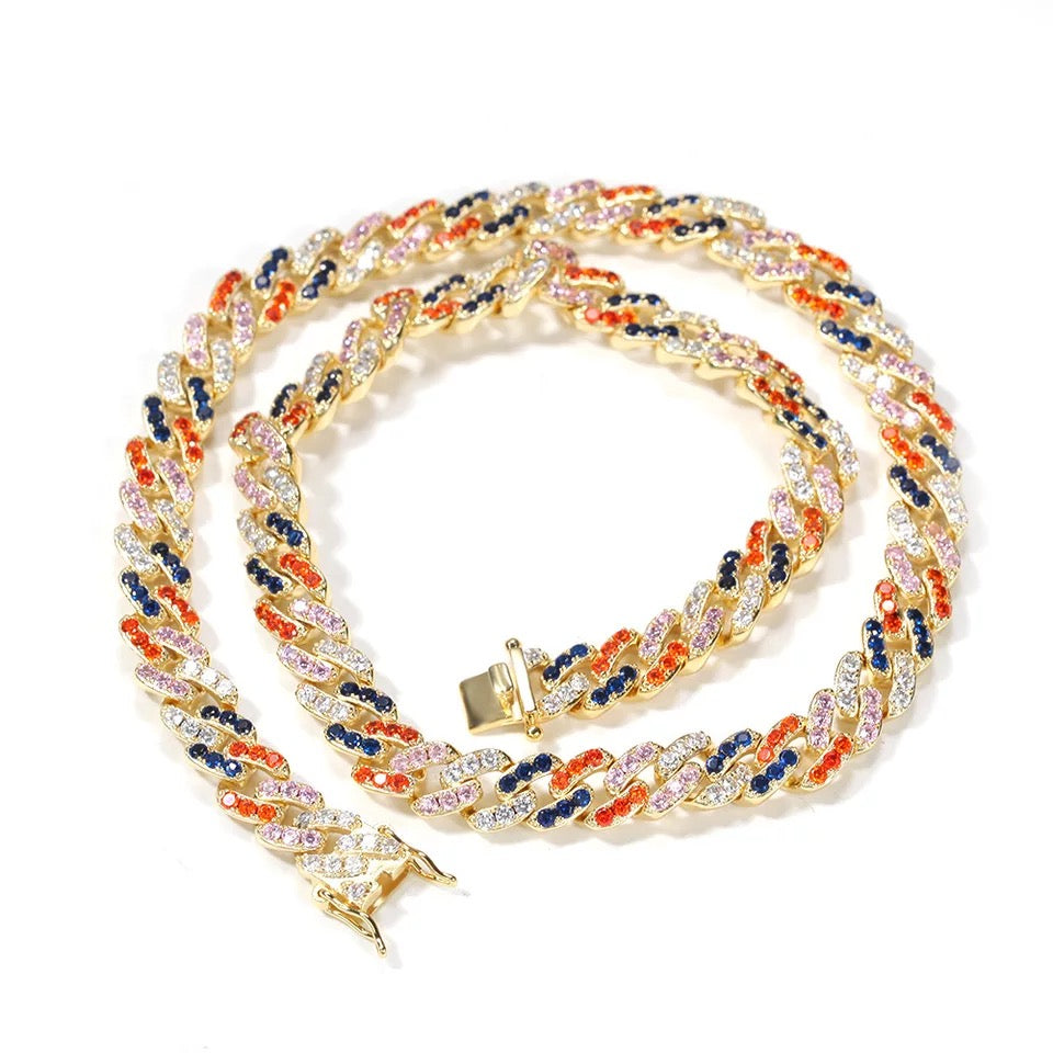 2pcs/lot 7-20inch Multicolor CZ Paved Gold Cuban Bracelet/Necklace 20inch-Necklace Cuban Chains Charms Beads Beyond